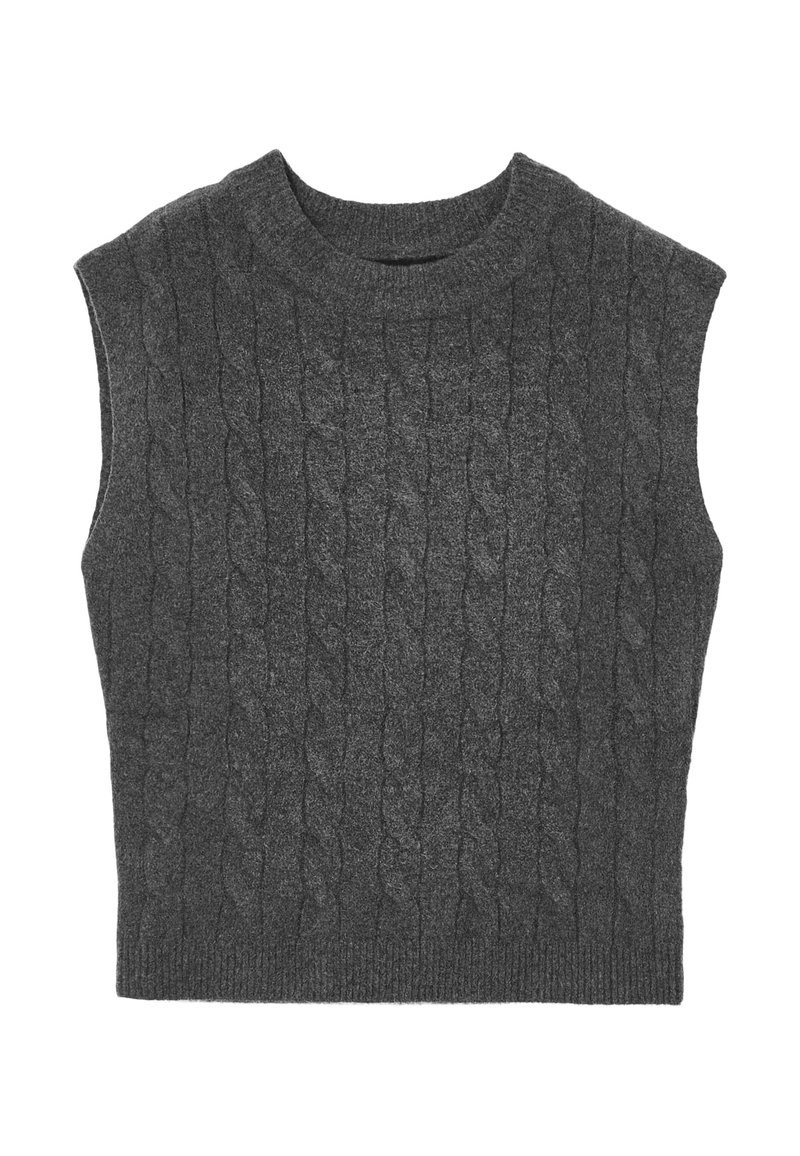 Gilet senza maniche grigio scuro a lavorazione cable-knit con scollatura a girocollo e orlo a coste, posato su uno sfondo bianco.