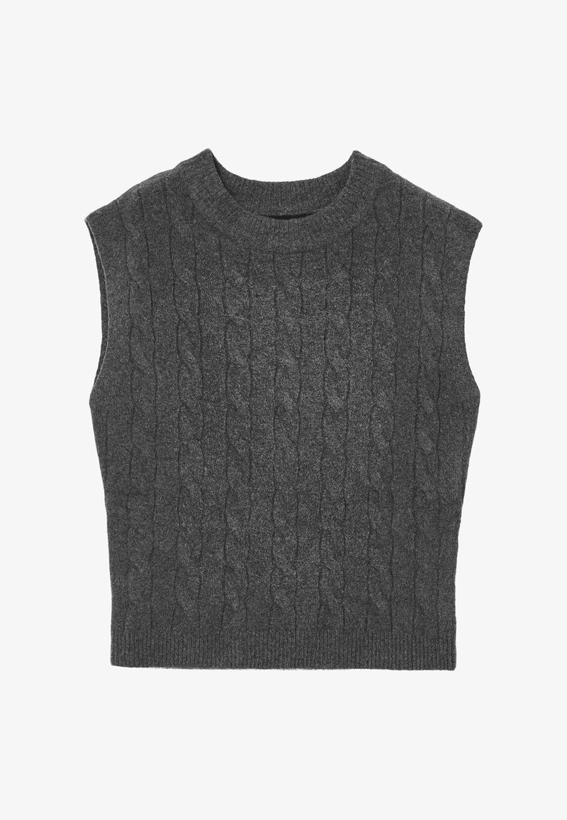 Gilet senza maniche grigio scuro a lavorazione cable-knit con scollatura a girocollo e orlo a coste, posato su uno sfondo bianco.