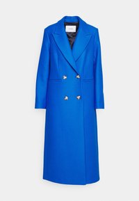 Cappotto doppiopetto in tessuto blu brillante, con colletto elegante, bottoni argentati e tasche laterali. Texture liscia, design fino al ginocchio.