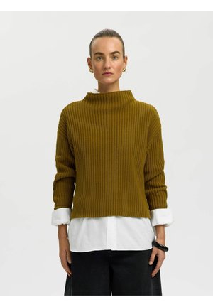 Vrouw die een mosterdkleurige geribbelde trui draagt over een wit overhemd met een zwarte broek, gouden oorringen en een zwart armbandje, staand tegen een witte achtergrond.