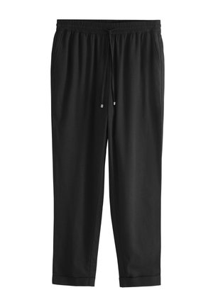 Schwarze Freizeithose mit elastischem Bund und Kordelzug, Seitentaschen und gekrempelten Säumen, auf weißem Hintergrund präsentiert.