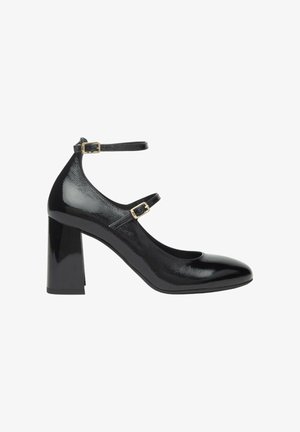 Scarpe nere con tacco alto, finitura lucida, punta arrotondata e cinghie alla caviglia con fibbie dorate. Design con tacco grosso per maggiore stabilità.