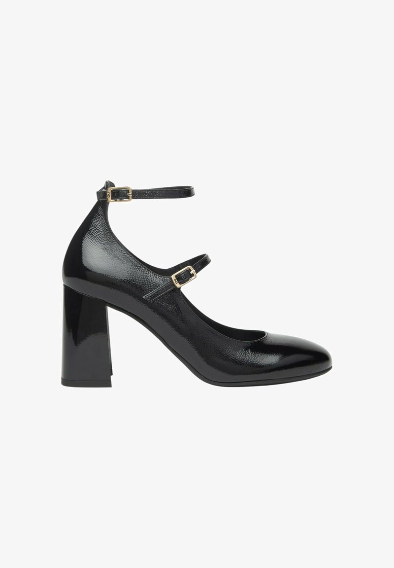 Scarpe nere con tacco alto, finitura lucida, punta arrotondata e cinghie alla caviglia con fibbie dorate. Design con tacco grosso per maggiore stabilità.