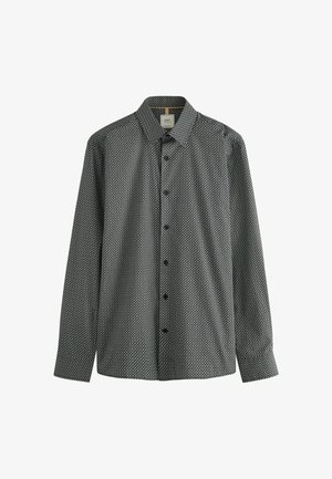 Cămașă cu mâneci lungi, alb-negru, cu un guler ascuțit, închidere cu nasturi și țesătură texturată. Prezintă mici designuri geometrice.