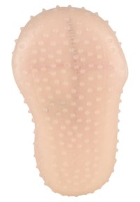 Transparente Gummisohle mit abgerundeter Form, die kleine erhabene Punkte für besseren Griff und eine strukturierte Oberfläche aufweist. Größenangaben sind sichtbar.