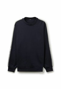 Dunkelblaues Sweatshirt aus Baumwollmischung mit grauen seitlichen Streifen, rundem Halsausschnitt und gerippten Bündchen. Glatte Textur mit lockerer Passform.
