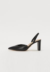 Black leather slingback pump with a pointed toe, open vamp, and a block heel. Smooth texture with minimal accents and classic design elements.