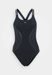 Maillot de bain noir une pièce avec des bretelles croisées doubles, des panneaux latéraux texturés et un détail de logo subtil sur la poitrine. Fini en matière lisse.