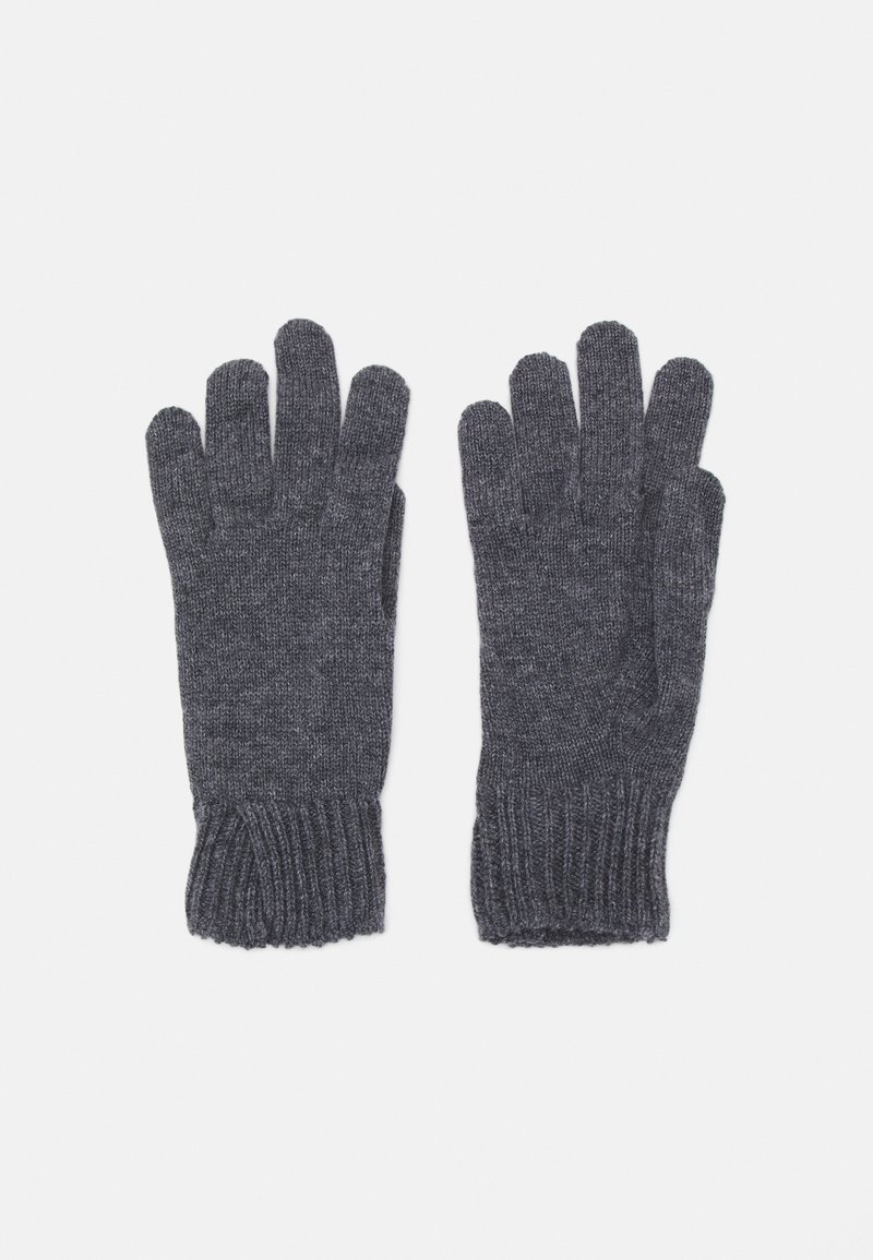 Gray knitted gloves with five-finger design, ribbed cuffs, and a soft texture. Suitable for cold weather wear.