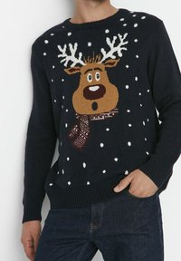 Marinblå stickad tröja med en renansikte med horn, snöflingor och en mönstrad halsduk, med ribbade muddar och nederkant.