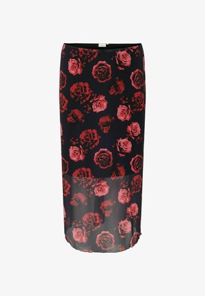 Kerge kangaga lilleline pikk seelik. Tumedal taustal erksad punased roosid. Sirge lõige, läbipaistev alumine äär, elastne vöökoht.