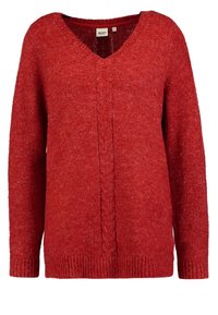 Maglione rosso lavorato a maglia con scollo a V, caratterizzato da un motivo centrale intrecciato e polsini e orlo a costine. Texture morbida e vestibilità rilassata.