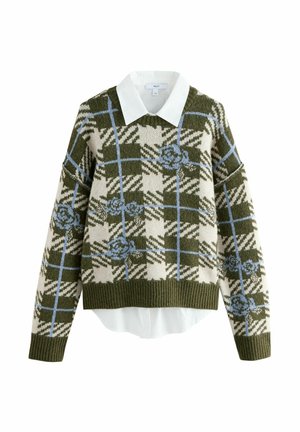 Strickpullover in Olivgrün und Beige, mit einem karierte Design in Blauakzenten, einem weißen Kragen und einem gerippten Saum.