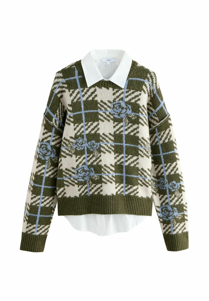 Strikket sweater i olivengrøn og beige med et plaid-mønster og blå accenter, hvid krave og ribbet kant.