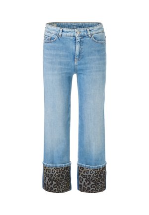 Light blue denim jeans with a straight cut, featuring leopard print cuffs. Details include a button fly and five-pocket design.