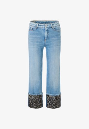 Light blue denim jeans with a straight cut, featuring leopard print cuffs. Details include a button fly and five-pocket design.