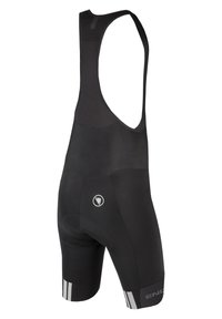 Sorte sykkel bib-shorts med mesh bak, polstret seteområde og reflekterende striper på bena; laget av elastisk, fukttransporterende stoff.