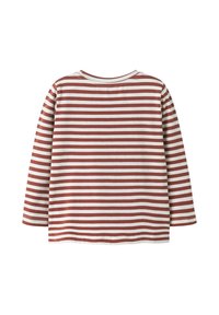 Košile s dlouhým rukávem s horizontálními červeno-hnědými a bílými pruhy, kulatým výstřihem, zobrazená plochě zezadu na bílém pozadí.