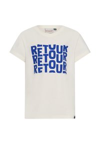 Crèmekleurig katoenen t-shirt met korte mouwen, met opvallende blauwe blokletters die het woord "RETOUR" in een patroon op de voorkant vormen.