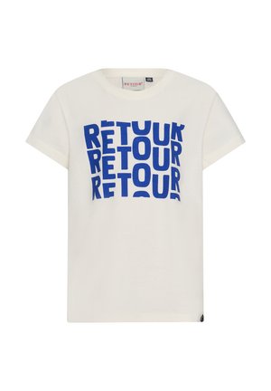 Crèmekleurig katoenen t-shirt met korte mouwen, met opvallende blauwe blokletters die het woord "RETOUR" in een patroon op de voorkant vormen.