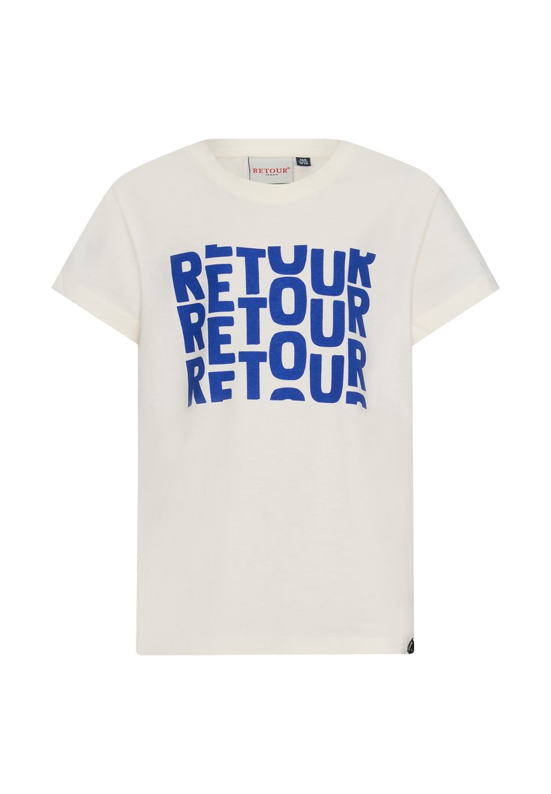 Crèmekleurig katoenen t-shirt met korte mouwen, met opvallende blauwe blokletters die het woord "RETOUR" in een patroon op de voorkant vormen.
