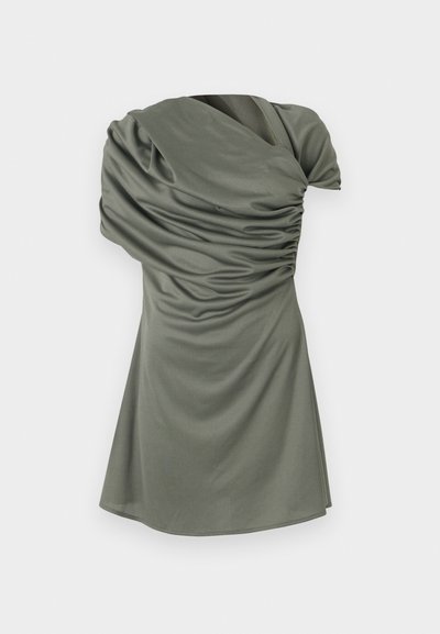 Short-sleeve dress in olive green, featuring gathered texture, asymmetric neckline, and a fitted silhouette that flows into a flared hem.
