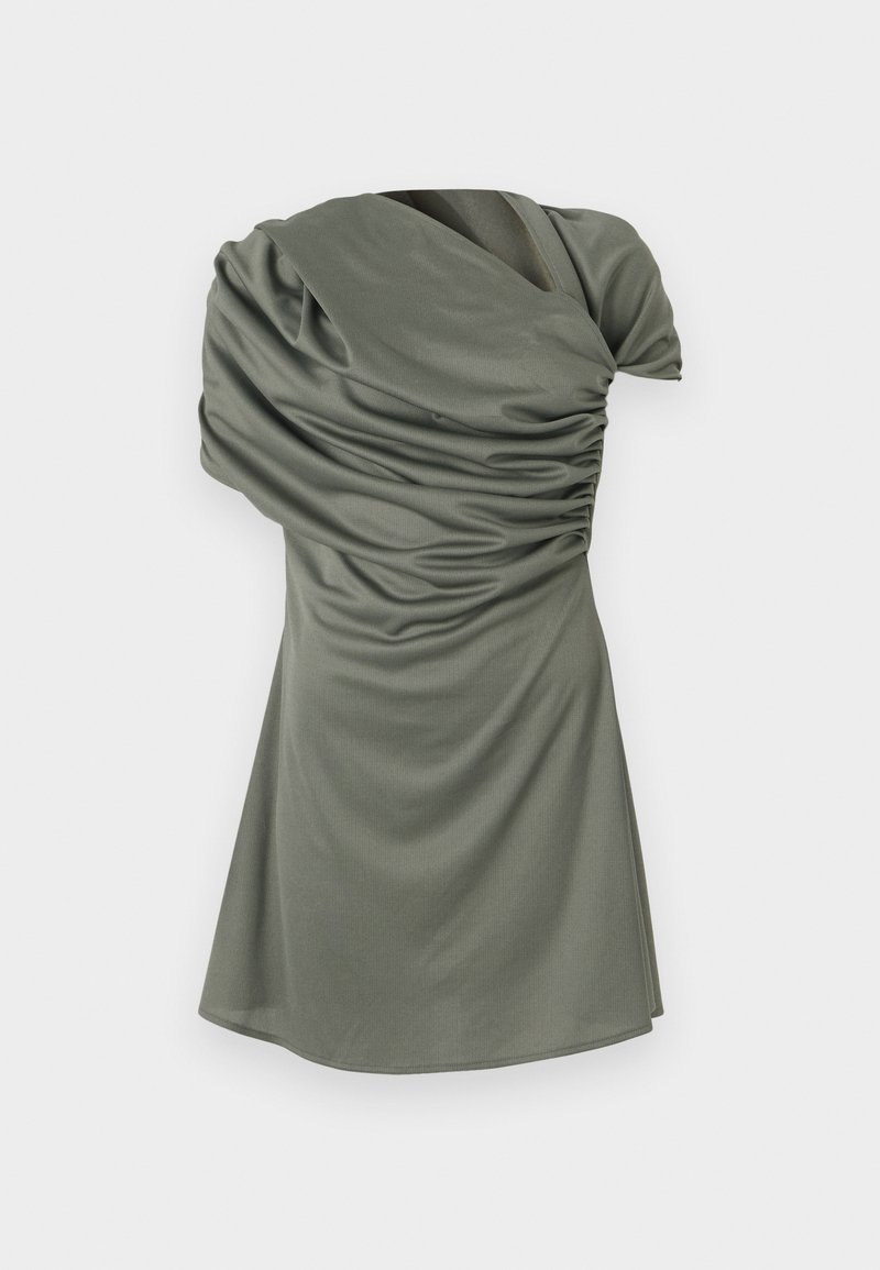 Short-sleeve dress in olive green, featuring gathered texture, asymmetric neckline, and a fitted silhouette that flows into a flared hem.