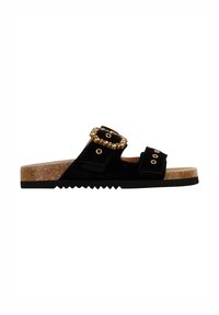 Sandalo scivoloso in suede nero con due cinturini regolabili caratterizzati da dettagli in oro, suola intermedia in sughero e suola in gomma testurizzata.