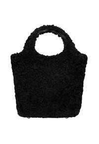 Černá plyšová taška s texturovaným povrchem, kulatými horními úchyty a kovovými nožičkami pro stabilitu. Měkká, chlupatá tkanina se strukturovaným tvarem.