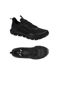 Schwarze Sportschuhe mit einem atmungsaktiven Mesh-Obermaterial, gepolstertem Fußbett, Schnürverschluss und Logodetail an der Seite.