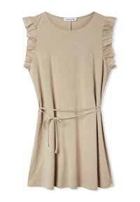 Abito beige senza maniche con accentuazioni a volant sulle spalle, tessuto morbido, vita aderente e cintura da annodare, caratterizzato da una gonna a campana.