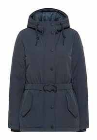 Giacca imbottita blu navy con cappuccio, cordoncino, bottoni a pressione, vita con cintura e due tasche laterali. Texture liscia e materiale resistente.