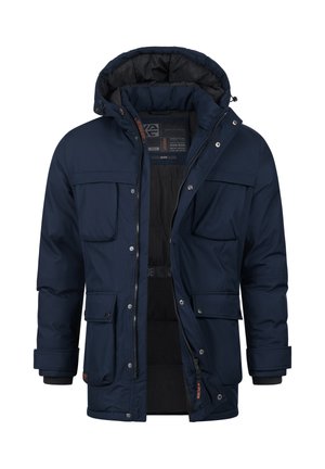Granatowa ocieplana kurtka z kapturem, z wieloma przednimi kieszeniami, zamek błyskawiczny oraz podszewka dla ciepła i komfortu.