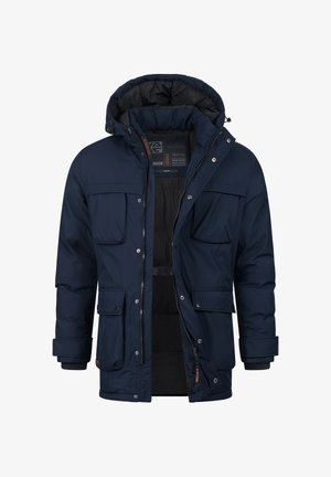 Granatowa ocieplana kurtka z kapturem, z wieloma przednimi kieszeniami, zamek błyskawiczny oraz podszewka dla ciepła i komfortu.