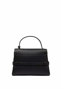 Sac à main en cuir noir avec un design structuré, une courte poignée et une sangle horizontale sur le devant. Texture lisse, style minimaliste.