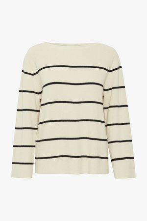 Kremni pulover z črnimi vodoravnimi črtami, rebrasto teksturo, širokim ovratnikom in dolgimi rokavi. Ohlapen kroj s ravnim robom.