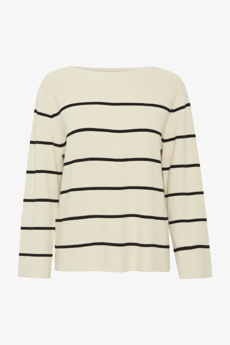 Pull créme avec des rayures horizontales noires, texture côtelée, encolure large et manches longues. Coupe décontractée avec un ourlet droit.