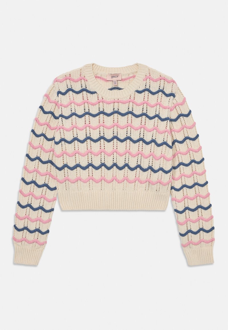 Kremasti pulover s valovitim uzorkom u ružičastim i tamnoplavim prugama, s rebrastim manžetama i rubom. Nudi teksturirani, debeli pleteni dizajn.