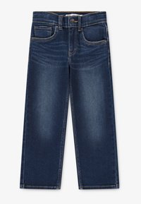 Dype blå denim jeans med rett benpassform, med frontlommer, sømdetaljer og knappelukking i livet.