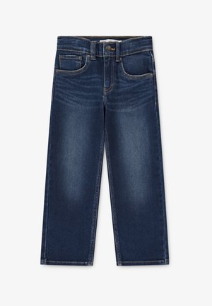 Dunkelblaue Jeans aus Denim mit geradem Bein, ausgestattet mit Fronttaschen, Stickdetails und einem Knopfverschluss an der Taille.