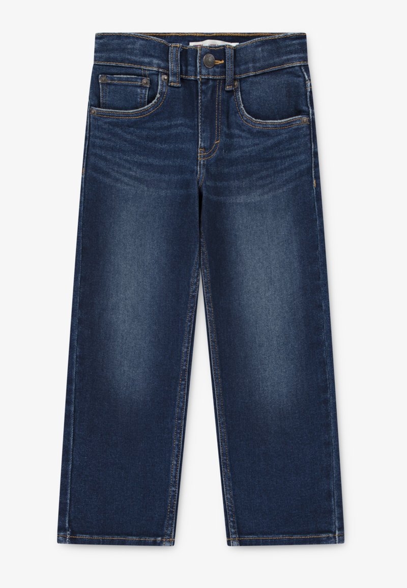Dype blå denim jeans med rett benpassform, med frontlommer, sømdetaljer og knappelukking i livet.