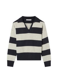 Sweter w kremowo-granatowe paski z dekoltem w kształcie litery V, krótkimi rękawami i ściągaczem u dołu. Wykonany z miękkiego materiału z klasycznym wzorem kołnierza polo.