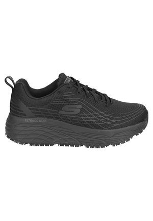 Black athletic shoes with a breathable mesh upper, textured detailing, and a thick rubber sole for grip. Features logo and reinforced heel tab.