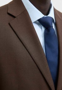 Brauner Blazer mit strukturiertem Finish, darunter ein hellblau kariertes Hemd und eine dunkelblaue gemusterte Krawatte. Nahaufnahme des Kragens.