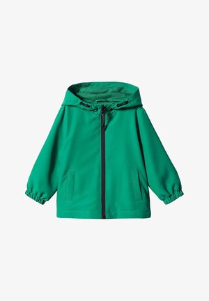 Veste imperméable verte avec capuche, poignets élastiqués, fermeture éclair frontale et deux poches latérales. Texture lisse et design léger.