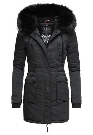 Parka d'hiver pour femmes noires avec grande capuche bordée de fourrure, boutons et fermeture éclair à l'avant, taille à cordon et plusieurs poches avant.