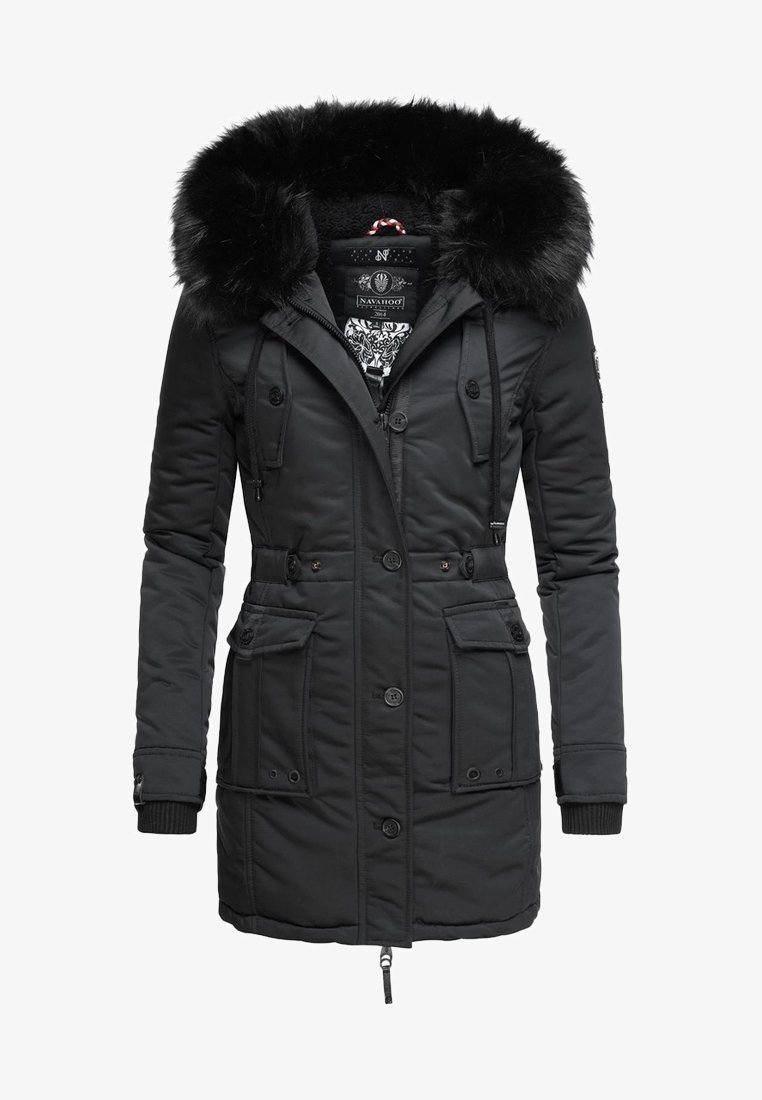 Parka d'hiver pour femmes noires avec grande capuche bordée de fourrure, boutons et fermeture éclair à l'avant, taille à cordon et plusieurs poches avant.