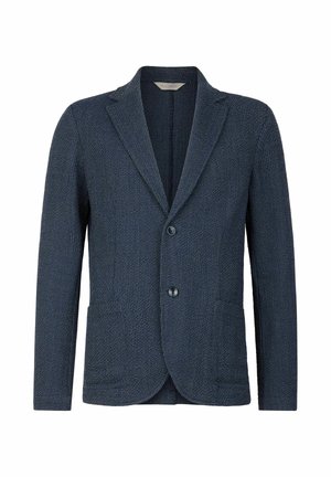Mörkblå strukturerad herrblazer med spetsiga slag, två knappar och framfickor, visad på en vit bakgrund.