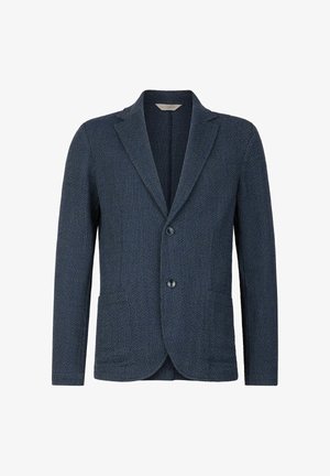 Mörkblå strukturerad herrblazer med spetsiga slag, två knappar och framfickor, visad på en vit bakgrund.