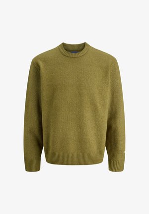 Pull vert olive fabriqué à partir d'un matériau en tricot texturé, avec un col rond et des bords côtelés. Coupe ample avec des manches longues et un détail accent subtil.